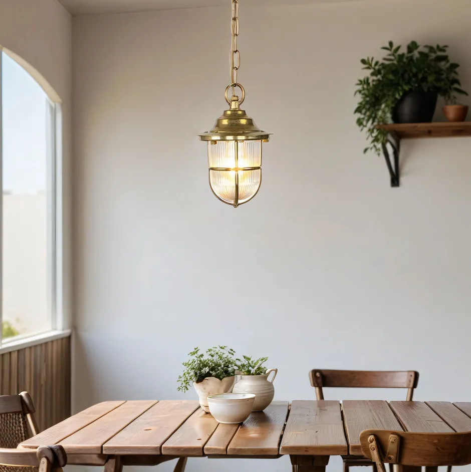 Metall Lampen|Messinglampen*Lido Außen Pendelleuchte Messing Riffelglas IP54 rostfrei