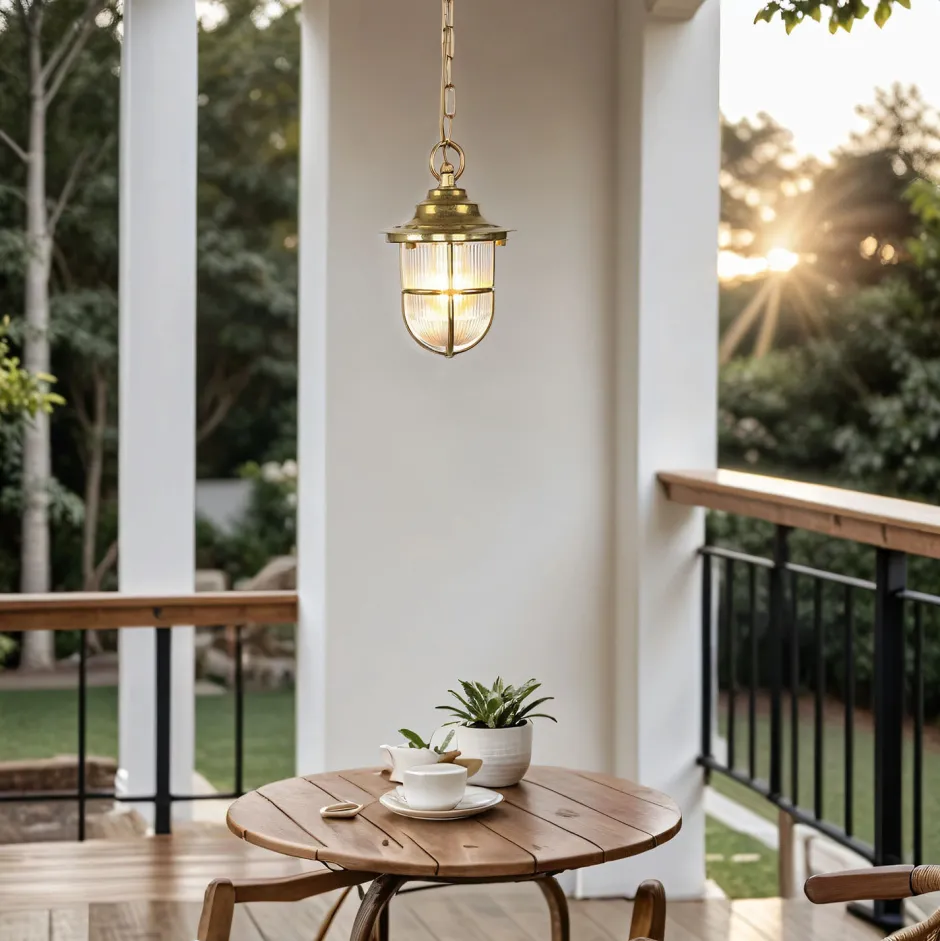 Metall Lampen|Messinglampen*Lido Außen Pendelleuchte Messing Riffelglas IP54 rostfrei