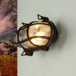 Lido Außenlampe Wand Maritim Messing Riffelglas Schwarz antik< Rustikale Lampen|Metall Lampen