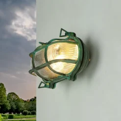 Rustikale Lampen|Metall Lampen*Lido Außenlampe Wand Messing Glas IP64 E27 Maritim Grün antik