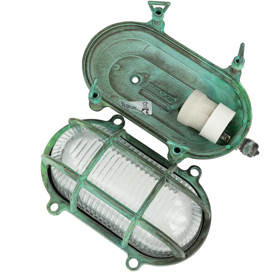 Rustikale Lampen|Metall Lampen*Lido Außenlampe Wand Messing Glas IP64 E27 Maritim Grün antik