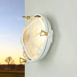 Lido Außenlampe Weiß Messing Glas Ø 21 cm E27 IP64 SERIFOS< Außenwandleuchten|Rustikale Lampen