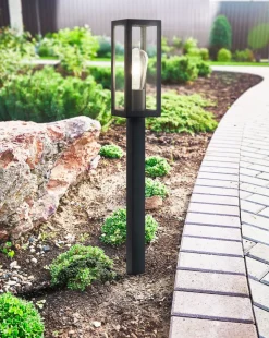 Metall Lampen|Wegeleuchten*Searchlight Außenleuchte Edelstahl Glas IP44 E27 90 cm Schwarz