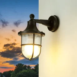 Lido Außenleuchte IP64 E27 Schwarz antik geriffeltes Glas Messing< Rustikale Lampen|Metall Lampen