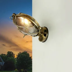 Außenwandleuchten|Rustikale Lampen*Lido Außenleuchte Maritim Echt-Messing Riffelglas IP64 E27 SERIFOS