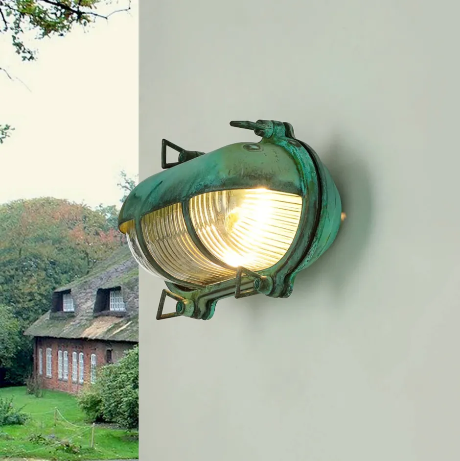 Rustikale Lampen|Metall Lampen*Lido Außenleuchte Wand Maritim Grün Messing Glas IP64