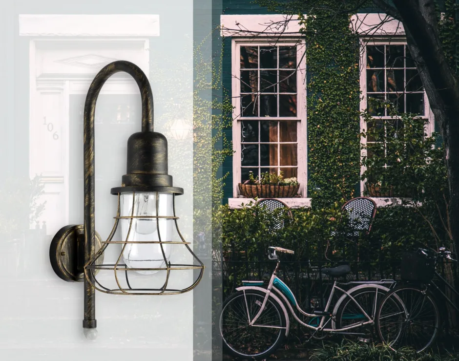 Eco-Light Außenwandlampe Metall Retro IP44 H:54,4 cm Braun-Gold< Metall Lampen|Außenwandleuchten