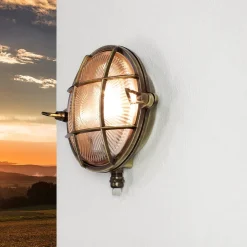 Rustikale Lampen|Metall Lampen*Lido Außenwandleuchte Antik Echt Messing Käfigschirm