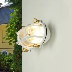 Rustikale Lampen|Metall Lampen*Lido Außenwandleuchte Messing Riffelglas Maritim Weiß