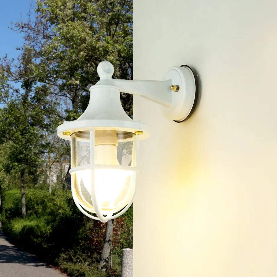 Außenleuchten Antik|Außenleuchten Messing*Lido Außenwandleuchte Weiß IP64 Glas Echt-Messing E27