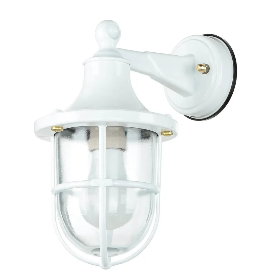 Außenleuchten Antik|Außenleuchten Messing*Lido Außenwandleuchte Weiß IP64 Glas Echt-Messing E27