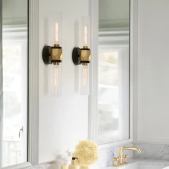 Wandleuchten|Flurlampen*Elstead Badezimmerlampe Wand 56,5 cm breit IP44 2x E27 Metall Glas