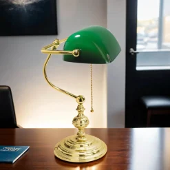 Giovanni Battista Bankerlampe 39 cm E27 Messing Glas Zugschalter Grün< Glaslampen|Messinglampen