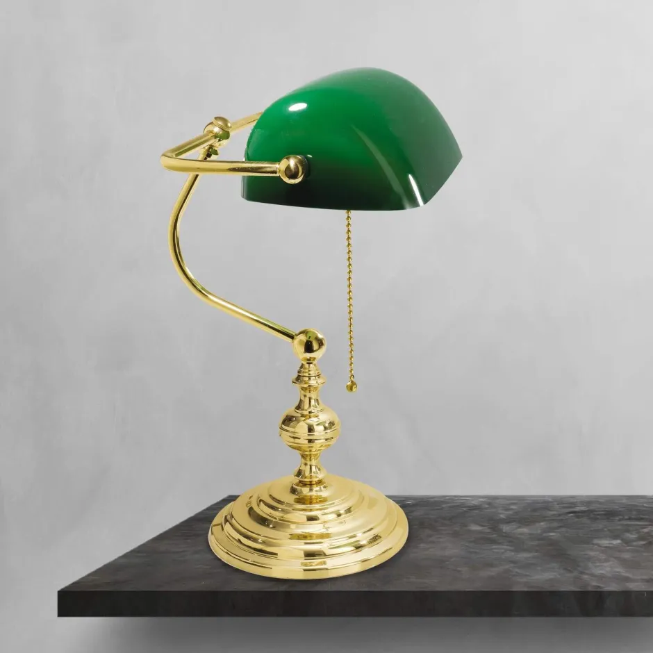 Giovanni Battista Bankerlampe 39 cm E27 Messing Glas Zugschalter Grün< Glaslampen|Messinglampen