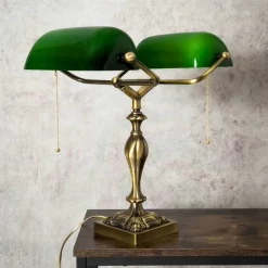 Giovanni Battista Bankerlampe 42,5 cm 2-flammig E27 Echt-Messing Zugschalter< Tischlampen|Bürolampen