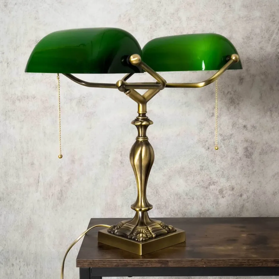 Giovanni Battista Bankerlampe 42,5 cm 2-flammig E27 Echt-Messing Zugschalter< Tischlampen|Bürolampen