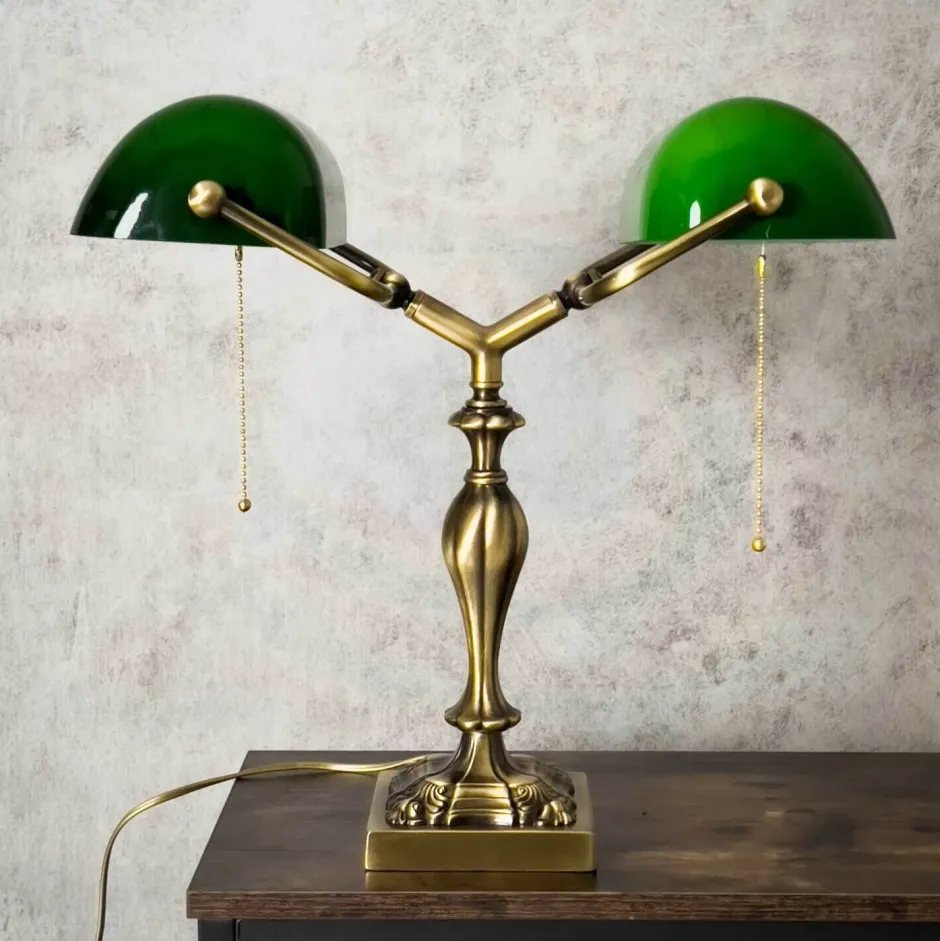 Giovanni Battista Bankerlampe 42,5 cm 2-flammig E27 Echt-Messing Zugschalter< Tischlampen|Bürolampen