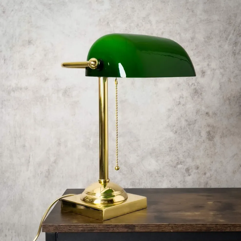 Giovanni Battista Bankerlampe E27 34 cm Messing Glas Zugschalter schwenkbar< Glaslampen|Messinglampen