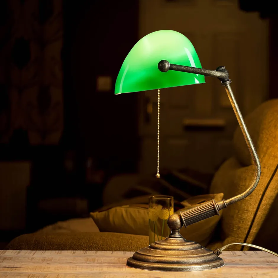 Schreibtischlampen|Glaslampen*Giovanni Battista Bankerlampe Grün aus Messing in Bronze Rustikal