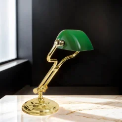 Giovanni Battista Bankerlampe Grün H: 35 cm verstellbar Echt-Messing Glas E14< Tischlampen|Bürolampen