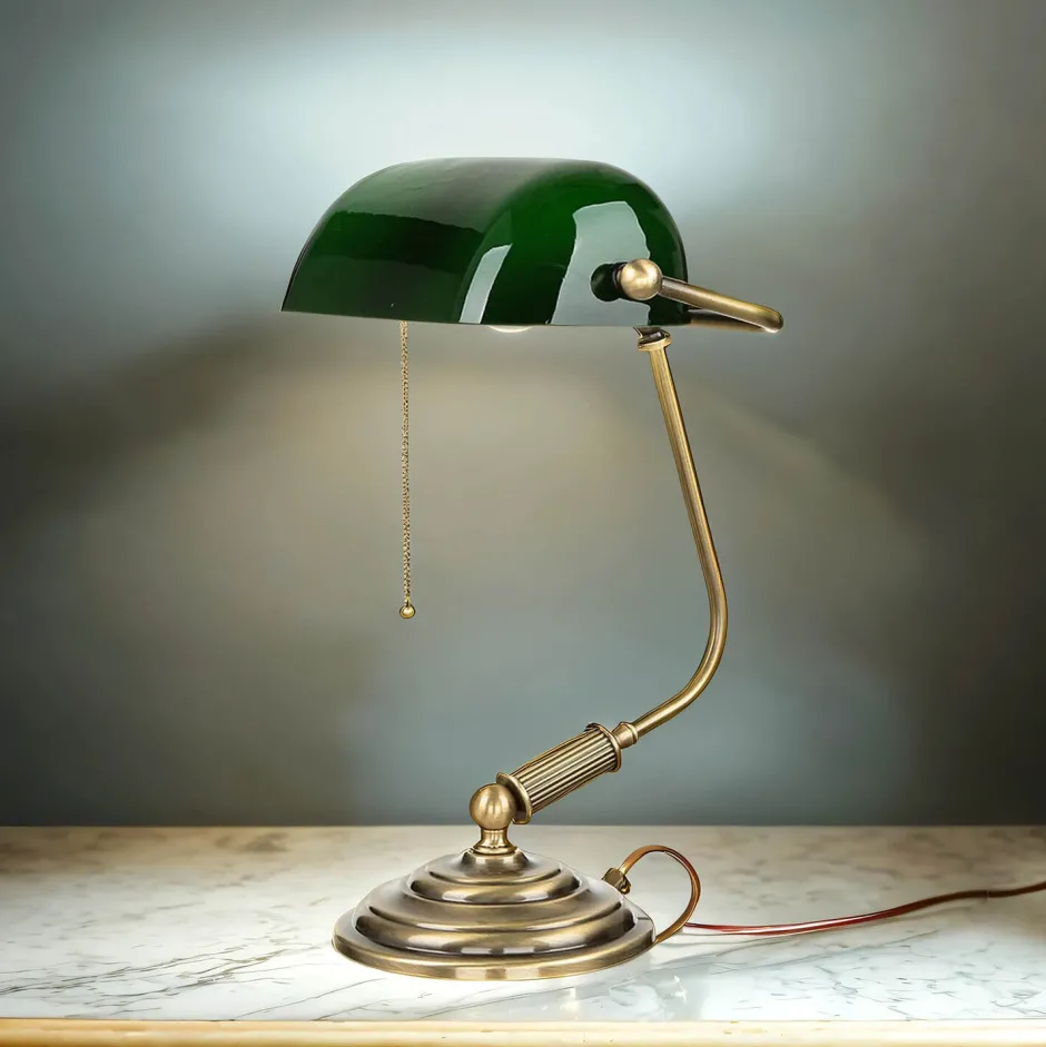 Giovanni Battista Bankerlampe Messing massiv 35,5 cm Zugschalter< Schreibtischlampen|Glaslampen