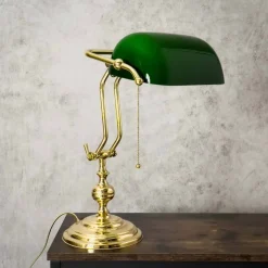 Giovanni Battista Bankerlampe Zugschalter 38 cm E27 Messing Glas Grün< Tischlampen|Bürolampen