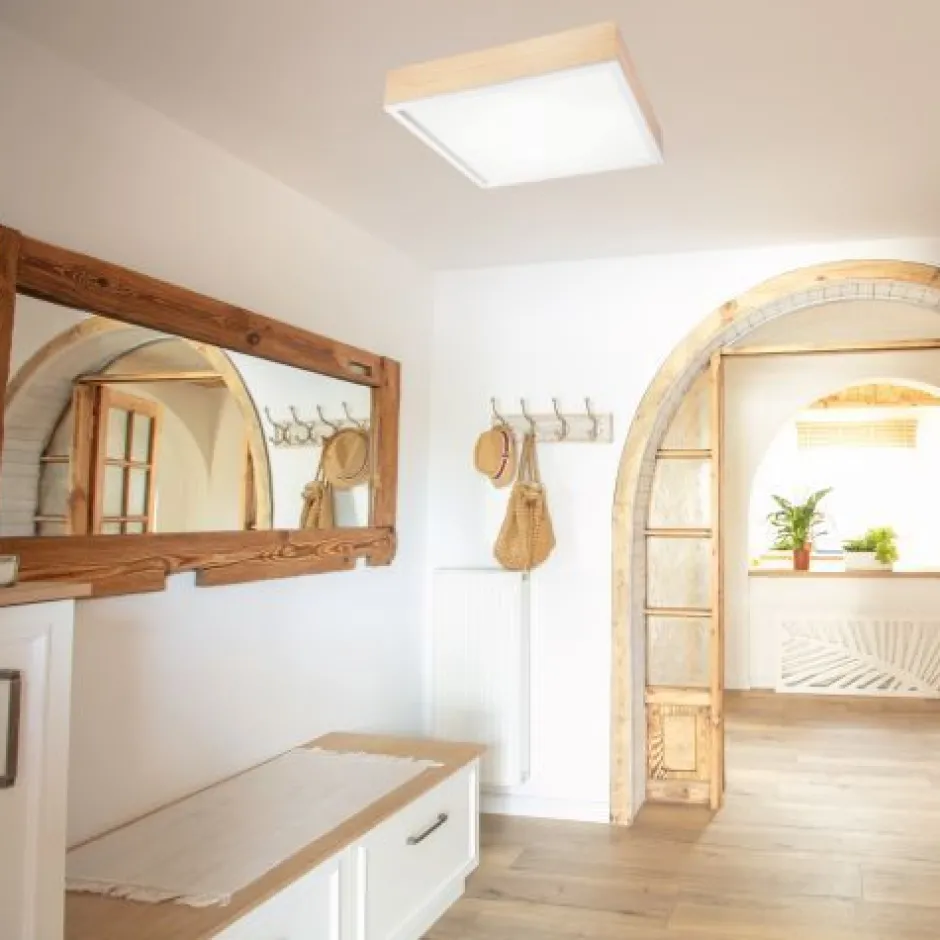 Wohnzimmerlampen|Glaslampen*Lamkur Blendarme Deckenleuchte Glas Holz Pinie E27 L:48 cm