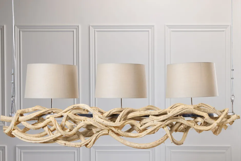 Bürolampen|Stofflampen*Invicta Interior Blendarme Hängelampe 3-flammig Holz Leinen 165 cm lang