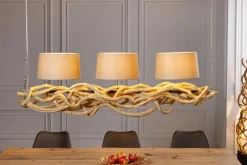 Bürolampen|Stofflampen*Invicta Interior Blendarme Hängelampe 3-flammig Holz Leinen 165 cm lang