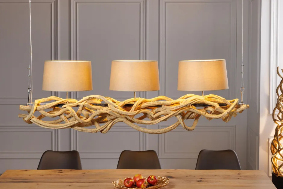 Bürolampen|Stofflampen*Invicta Interior Blendarme Hängelampe 3-flammig Holz Leinen 165 cm lang