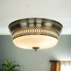 Glaslampen|Rustikale Lampen*Searchlight Deckenlampe Badezimmer Ø 35 cm IP44 Messing Antik Weiß 2x E27