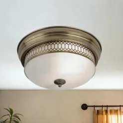 Glaslampen|Rustikale Lampen*Searchlight Deckenlampe Badezimmer Ø 35 cm IP44 Messing Antik Weiß 2x E27