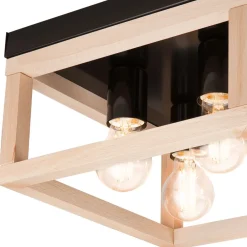 Lamkur Deckenlampe eckig Schwarz Natur Holz Metall B: 30 cm< Deckenleuchten|Flurlampen