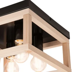 Lamkur Deckenlampe eckig Schwarz Natur Holz Metall B: 30 cm< Deckenleuchten|Flurlampen