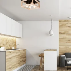 Lamkur Deckenlampe eckig Schwarz Natur Holz Metall B: 30 cm< Deckenleuchten|Flurlampen