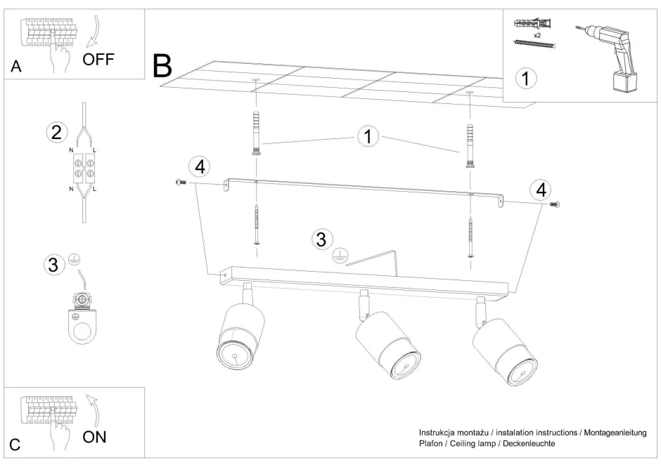 Deckenleuchten|Flurlampen*Sollux Deckenlampe 3-flammig 45 cm Schwarz Chrom schwenkbar