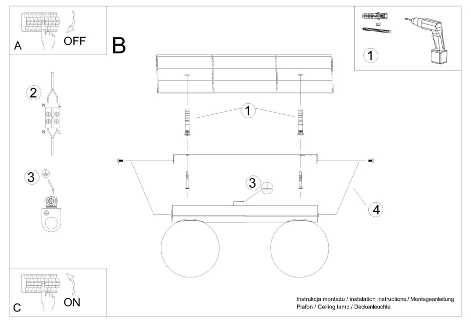 Wohnzimmerlampen|Glaslampen*Sollux Deckenlampe Glas Metall 34,5 cm 2x G9 Weiß Kugelschirme