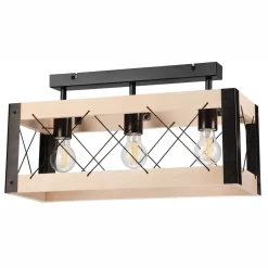 Deckenleuchten|Bürolampen*Lamkur Deckenlampe Holz Metall Rustikal 3-flammig E27 Schwarz Natur