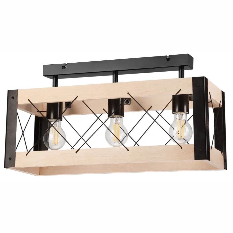 Deckenleuchten|Bürolampen*Lamkur Deckenlampe Holz Metall Rustikal 3-flammig E27 Schwarz Natur