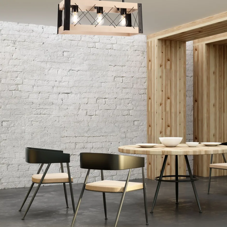 Deckenleuchten|Bürolampen*Lamkur Deckenlampe Holz Metall Rustikal 3-flammig E27 Schwarz Natur