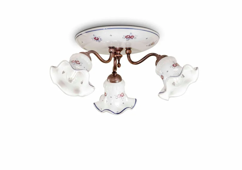 Ferroluce Deckenlampe Metall Keramik E14 3-flammig Landhaus Stil< Wohnzimmerlampen|Keramiklampen