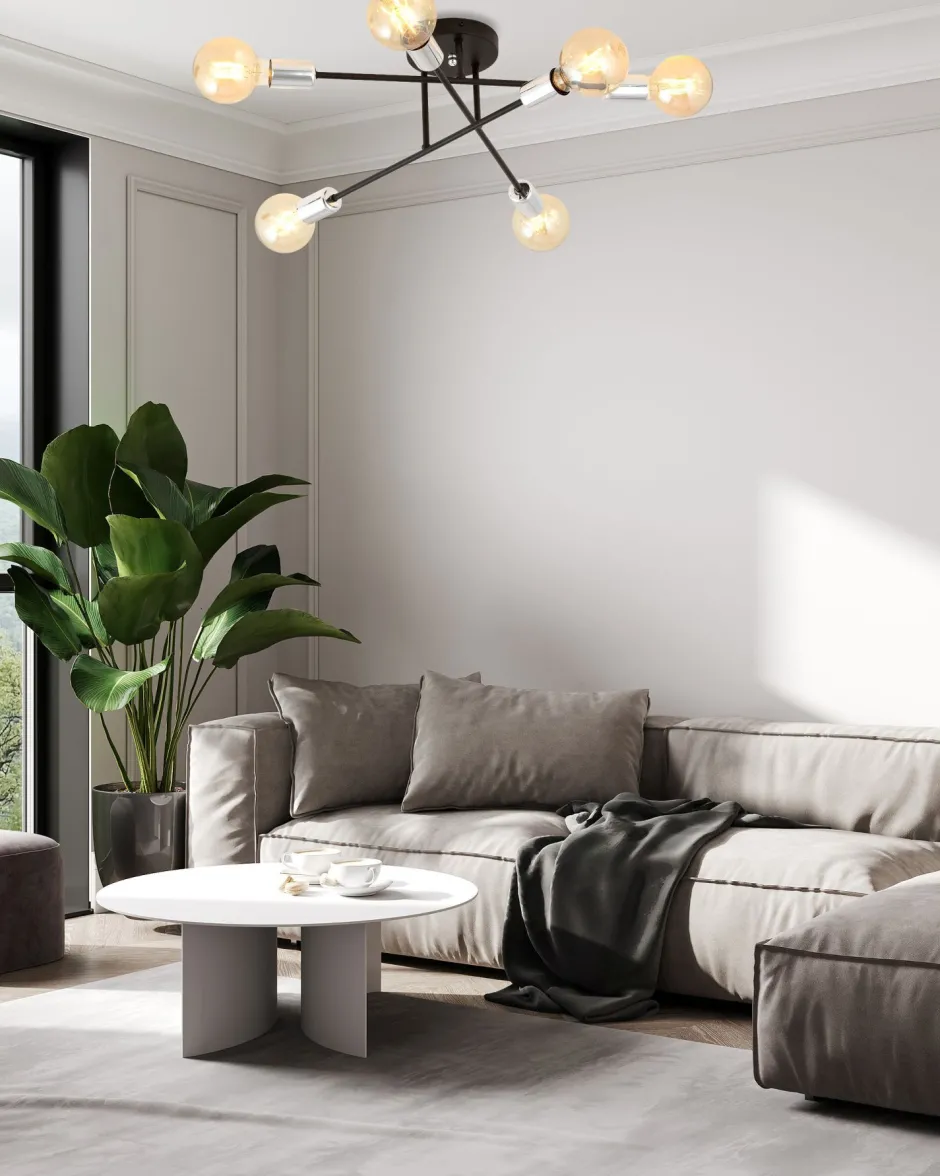 Emibig Deckenlampe Metall Schwarz Silber 6-flammig Retro E27< Deckenleuchten|Flurlampen