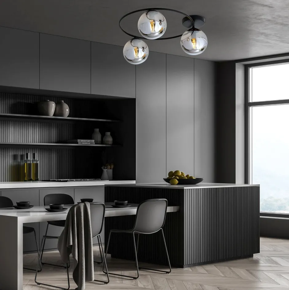 Glaslampen|Retro Lampen*Emibig Deckenlampe Rauchglas Metall 3-flammig rund Ø 47 cm