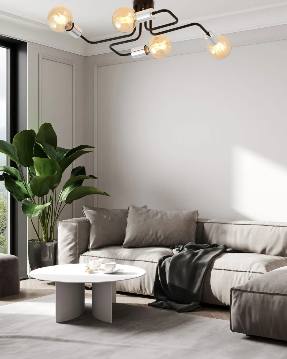 Deckenleuchten|Flurlampen*Emibig Deckenlampe Retro flach 4-flammig für E27 Schwarz Chrom