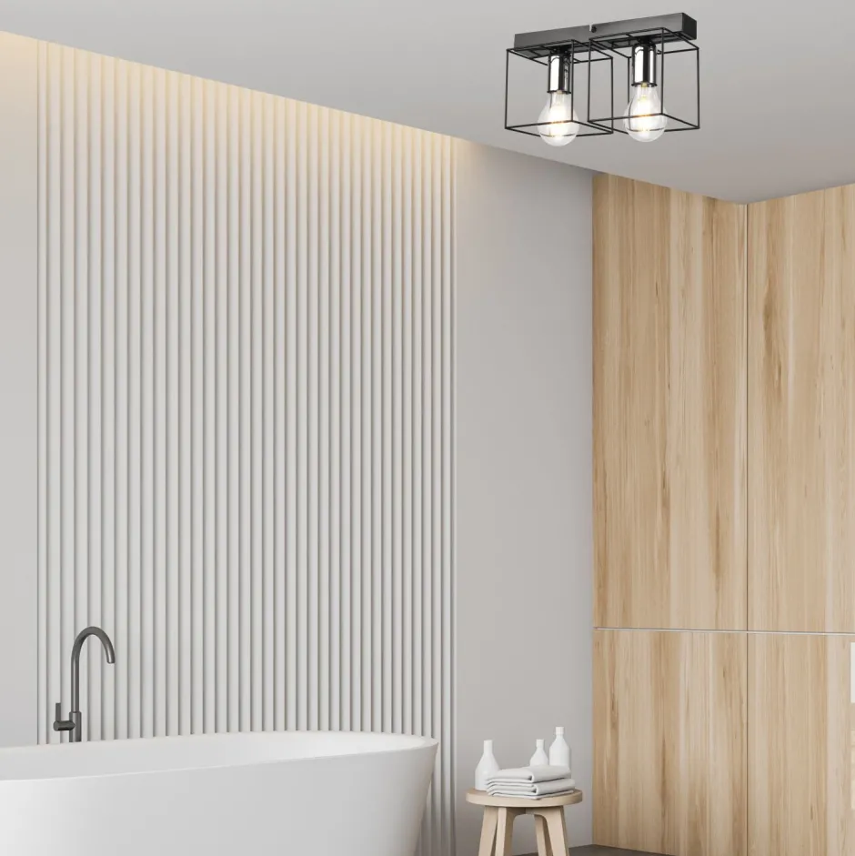 Deckenleuchten|Flurlampen*Lamkur Deckenlampe Schwarz Chrom 2-flammig E27 Metall Modern