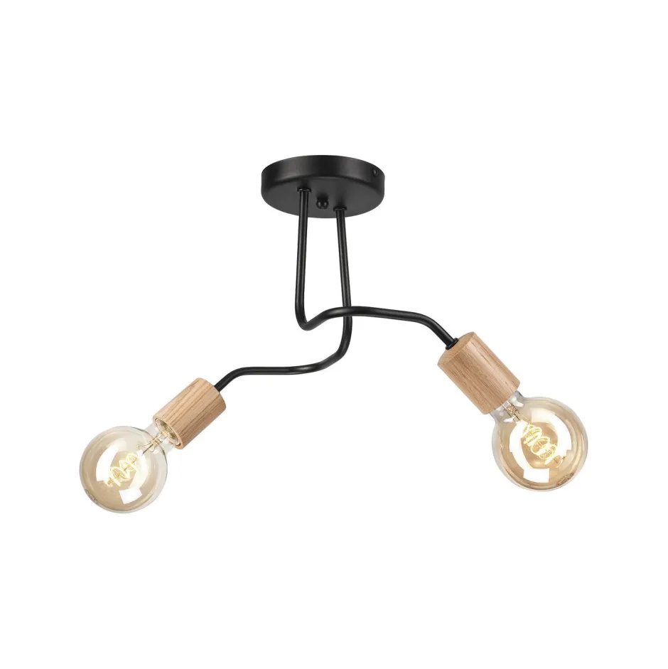 Deckenleuchten|Bürolampen*Lamkur Deckenlampe Schwarz 2-flammig E27 Metall Holz Retro
