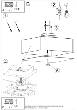 Deckenleuchten|Flurlampen*Sollux Deckenlampe Weiß quadratisch B: 45 cm Stoff Glas 5x E27