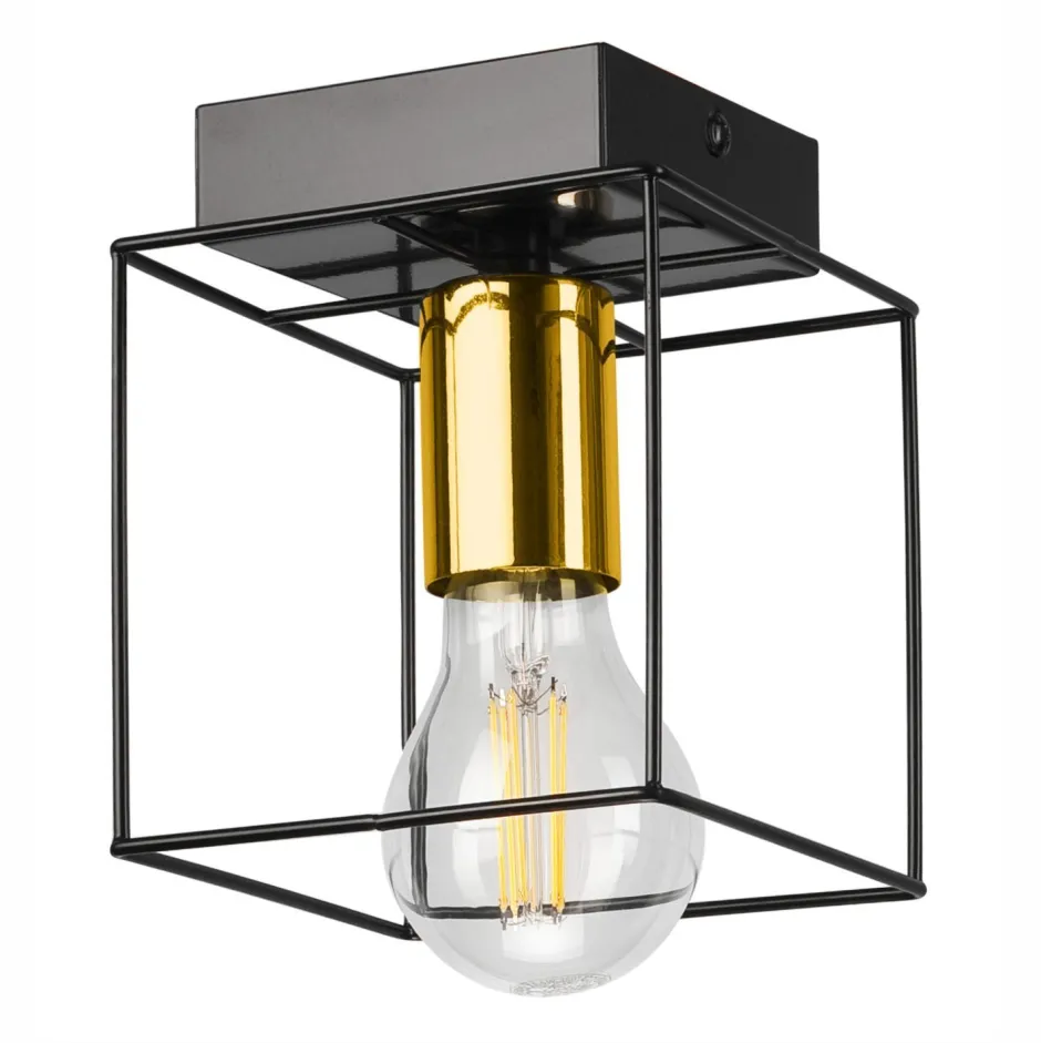 Deckenleuchten|Flurlampen*Lamkur Deckenleuchte eckig klein E27 Draht Metall Würfel Schwarz Gold