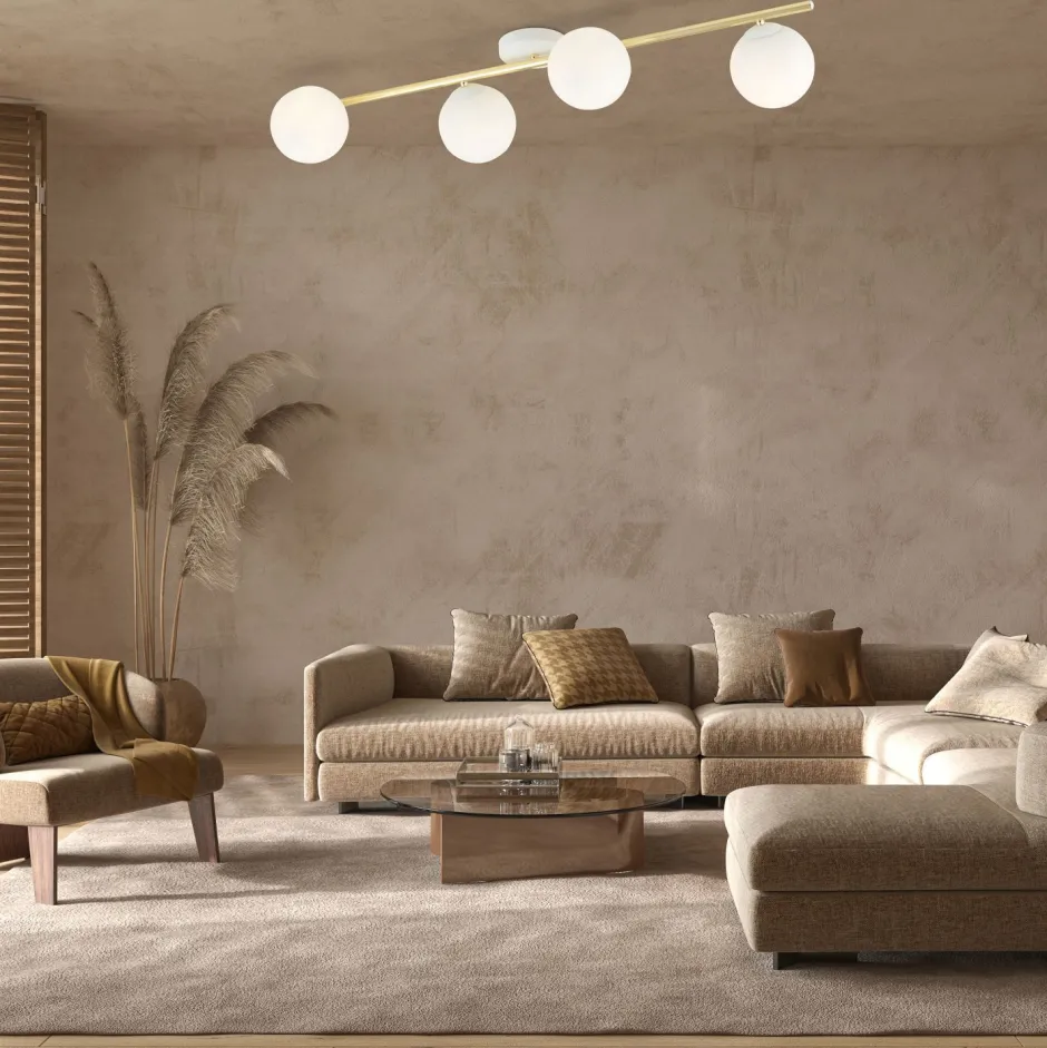 Emibig Deckenleuchte Glas Metall 100 cm lang Weiß Gold E14< Deckenleuchten|Flurlampen