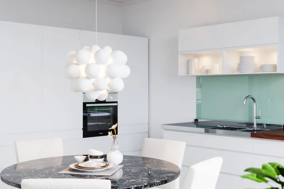 By Rydéns Deckenleuchte Glas Schirme B: 50 cm 8x G9 Modern Weiß Chrom< Hängelampen|Wohnzimmerlampen